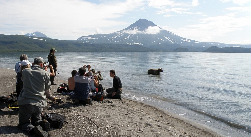 People watching a bear in the river